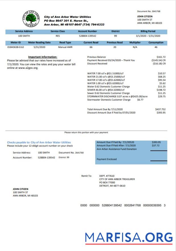 Downloadable USA Michigan City of Ann Arbor Water Utilities bill template in Word and PDF format